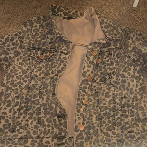 Leopard Print Denim Jacket - Light Grey and Cream